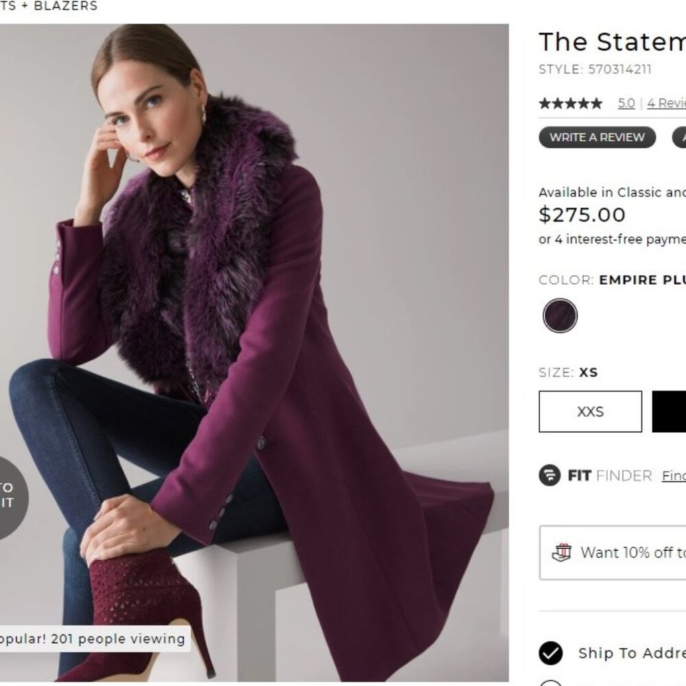 White House Black Market The Statement Coat with Detachable Faux Fur Collar XS